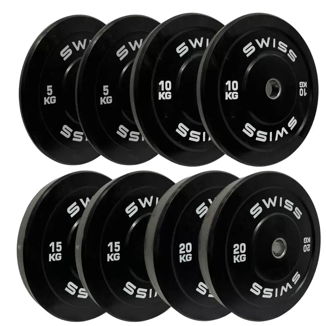 Image of 100kg set of swiss bumper plates on a white background