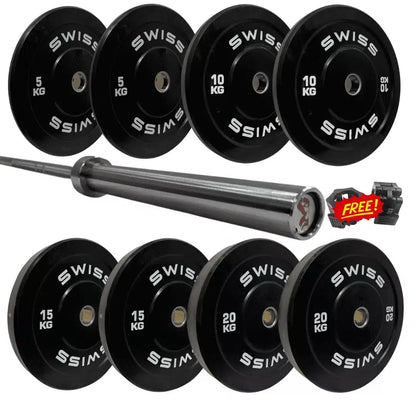 Image of 100kg set of swiss bumper plates, 7ft barbell and barbell collars on a white background