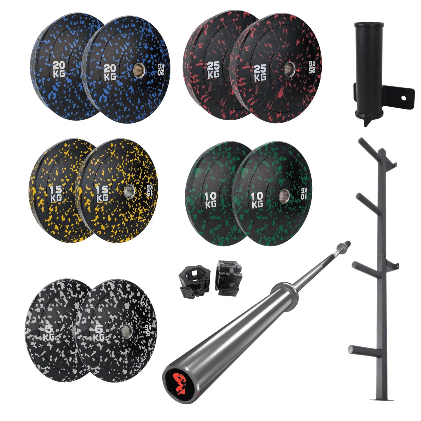 image of 150kg set of flecked bunper plates with 7ft barbell, barbell colllars, plate storage rack and barbell storage rack