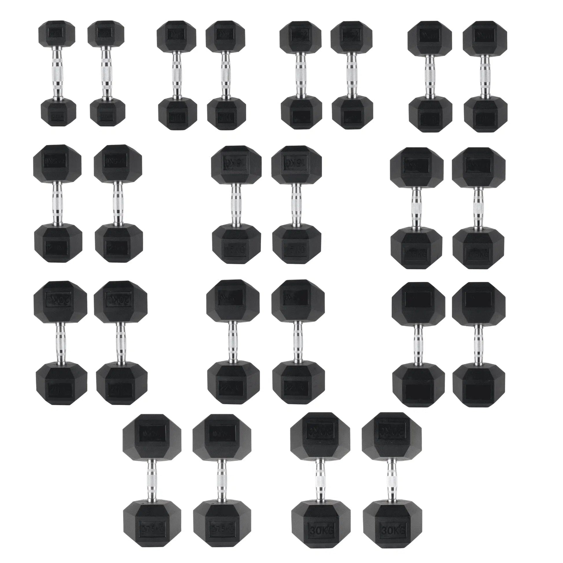 inage of 12 pairs of dumbbells on a white background