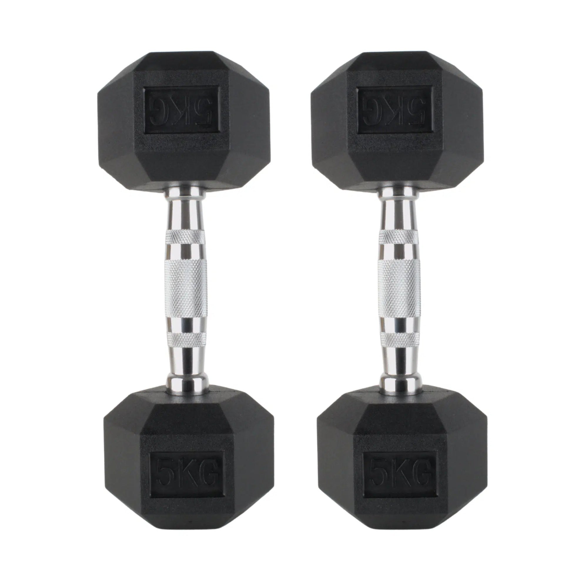 Photo of  5kg Hex dumbbells on white background