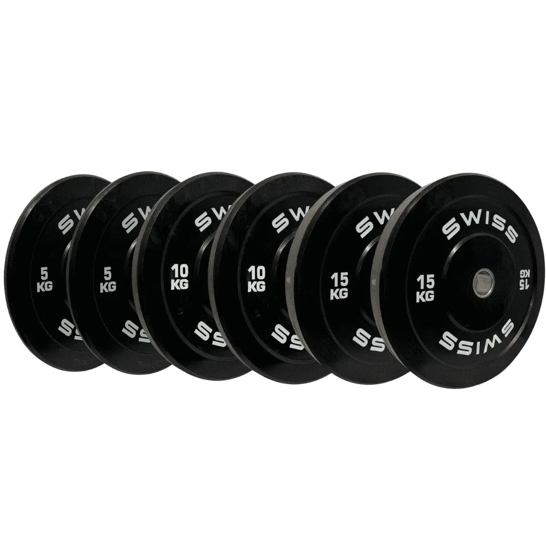  Image of A 60kg set of swiss Black Bumper Plates on a white background