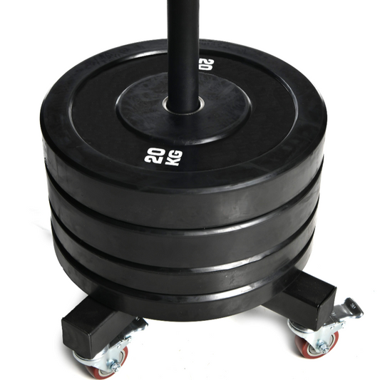 weight plate storage stacker with bumper plates on a white background