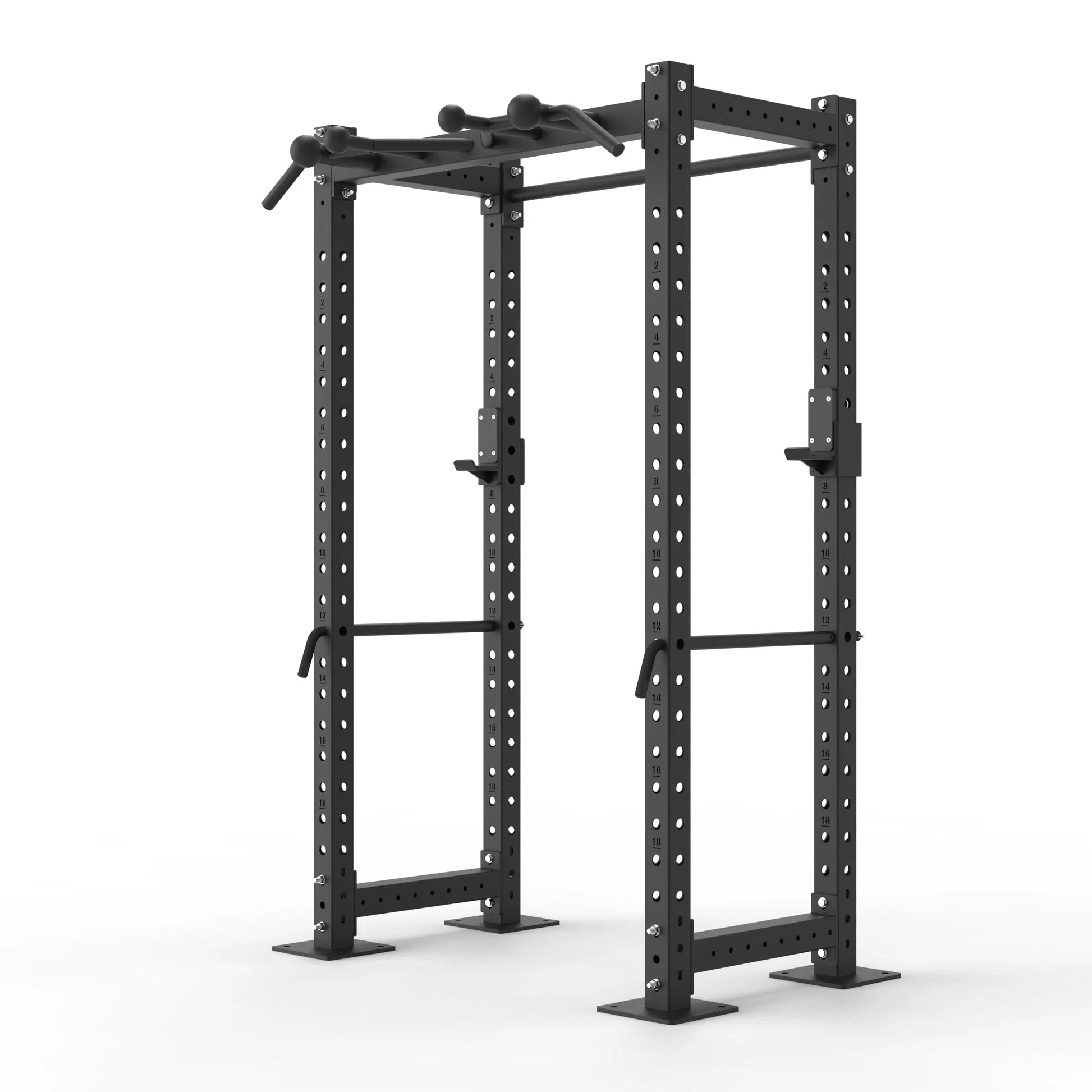 Image of a compact garage power rack with a Globe pull up bar on a white background.