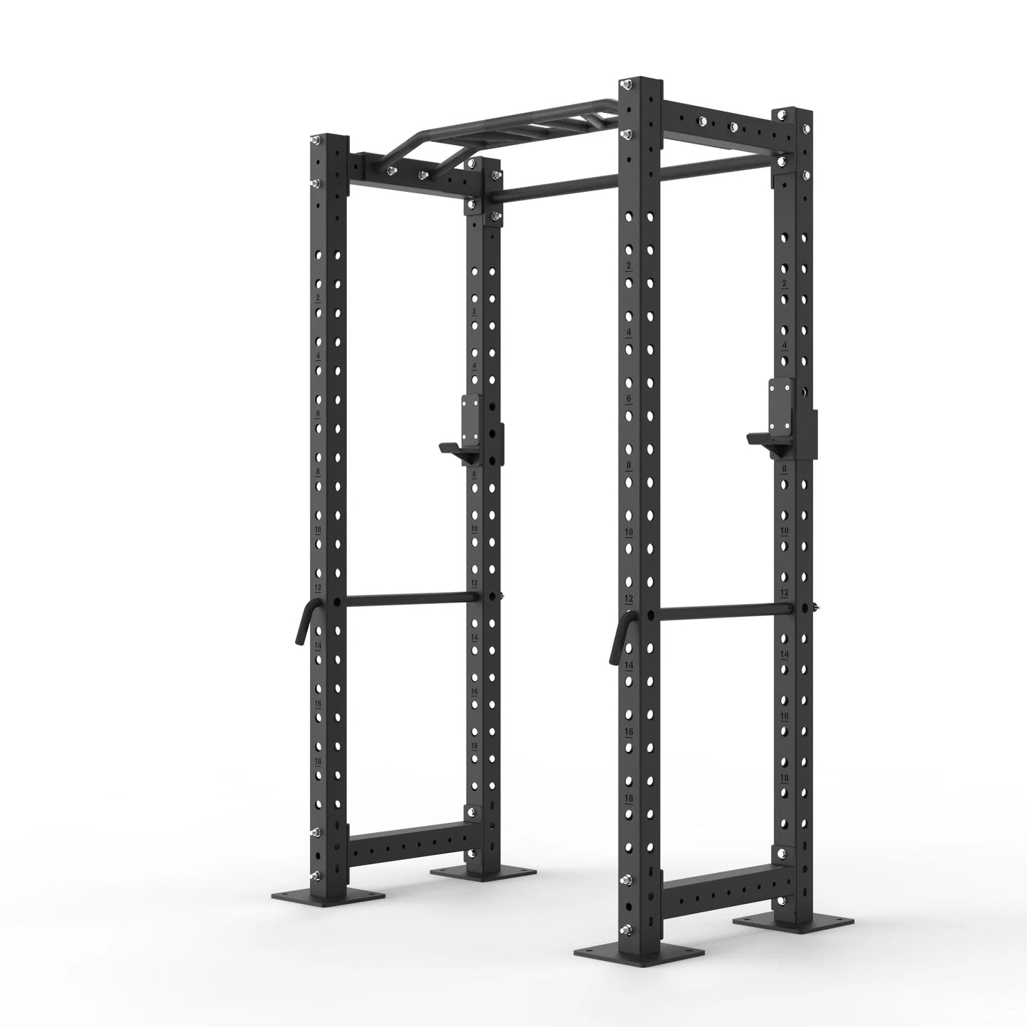 Image of a compact garage power rack with a monkey grip pull up bar on a white background.