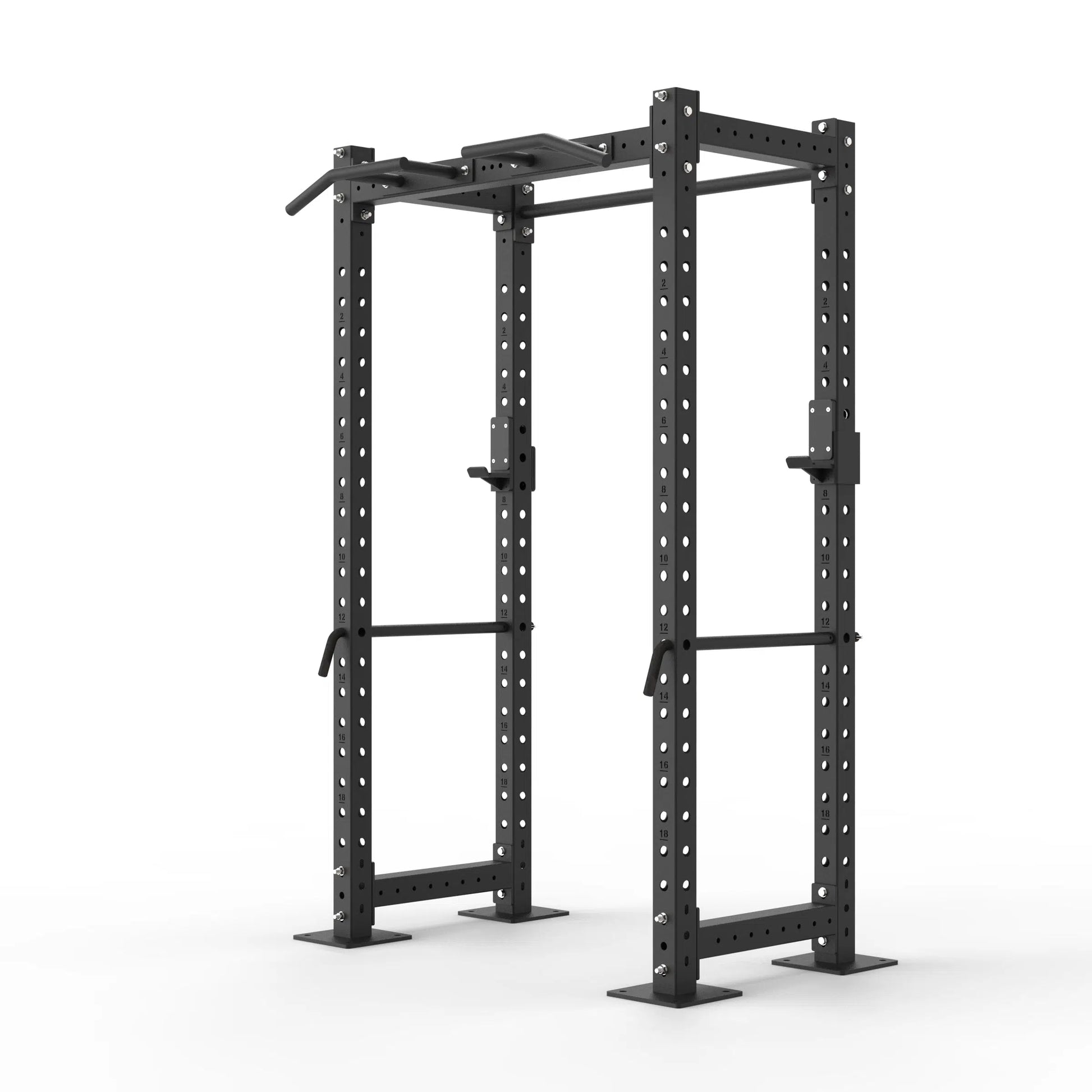 Image of a compact garage power rack with a multi grip pull up bar on a white background.