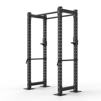 Image of a compact garage power rack with a standard pull up bar on a white background.