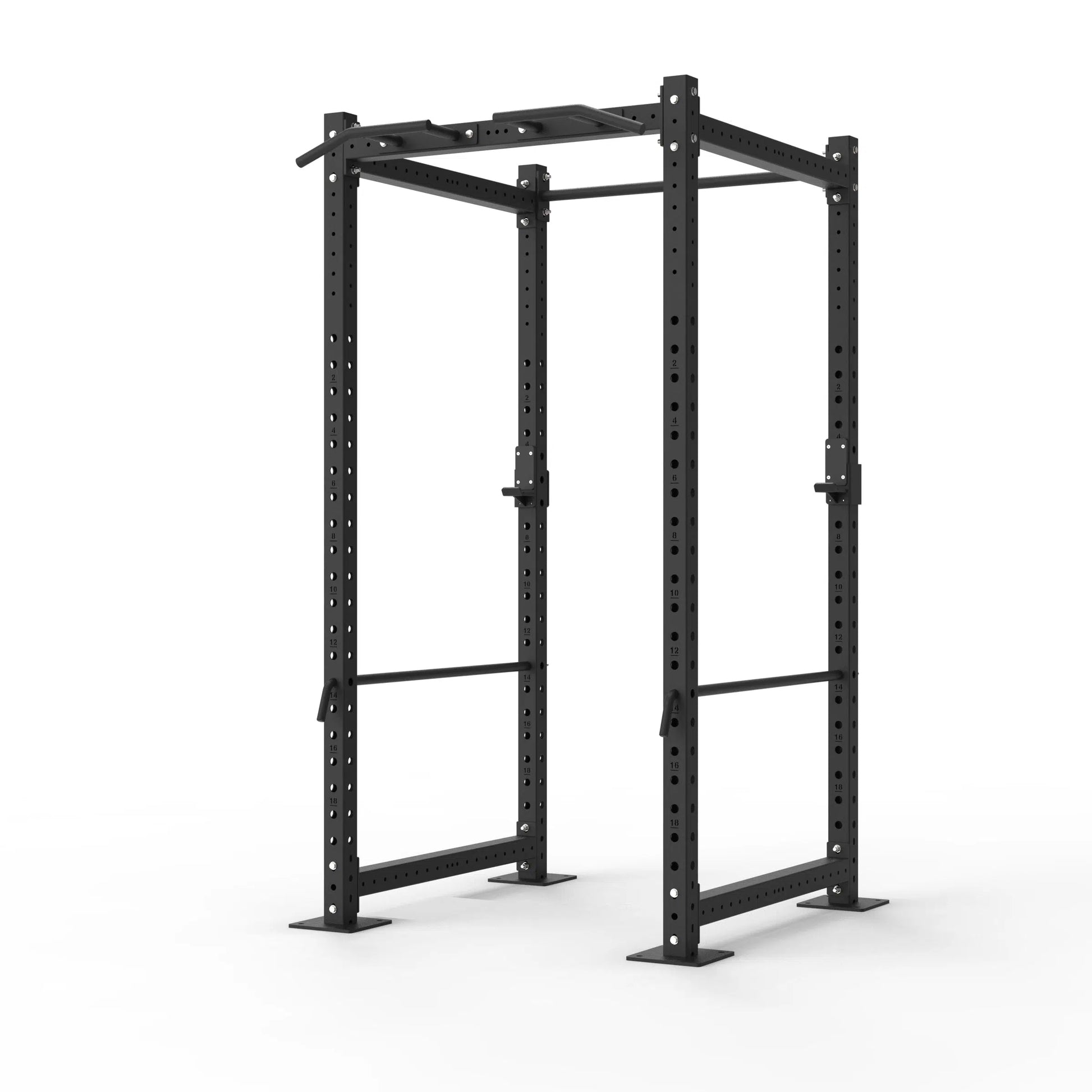 Image of Power rack with a multi grip pull up bar on a white background