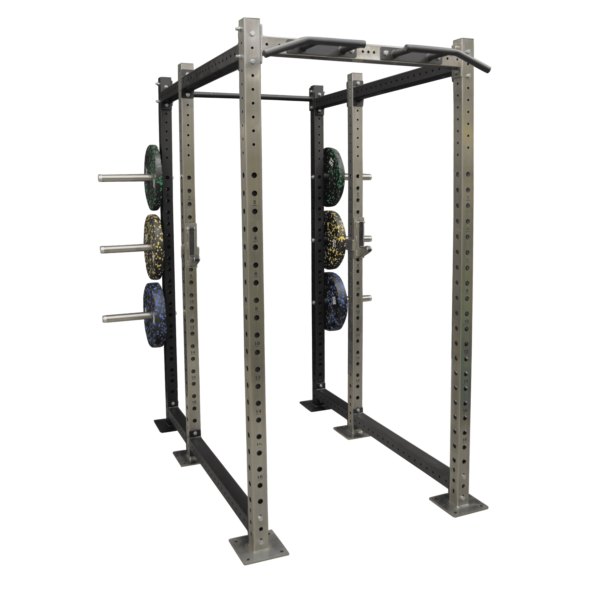 Product photo of stainless steel and black power rack with additional storage