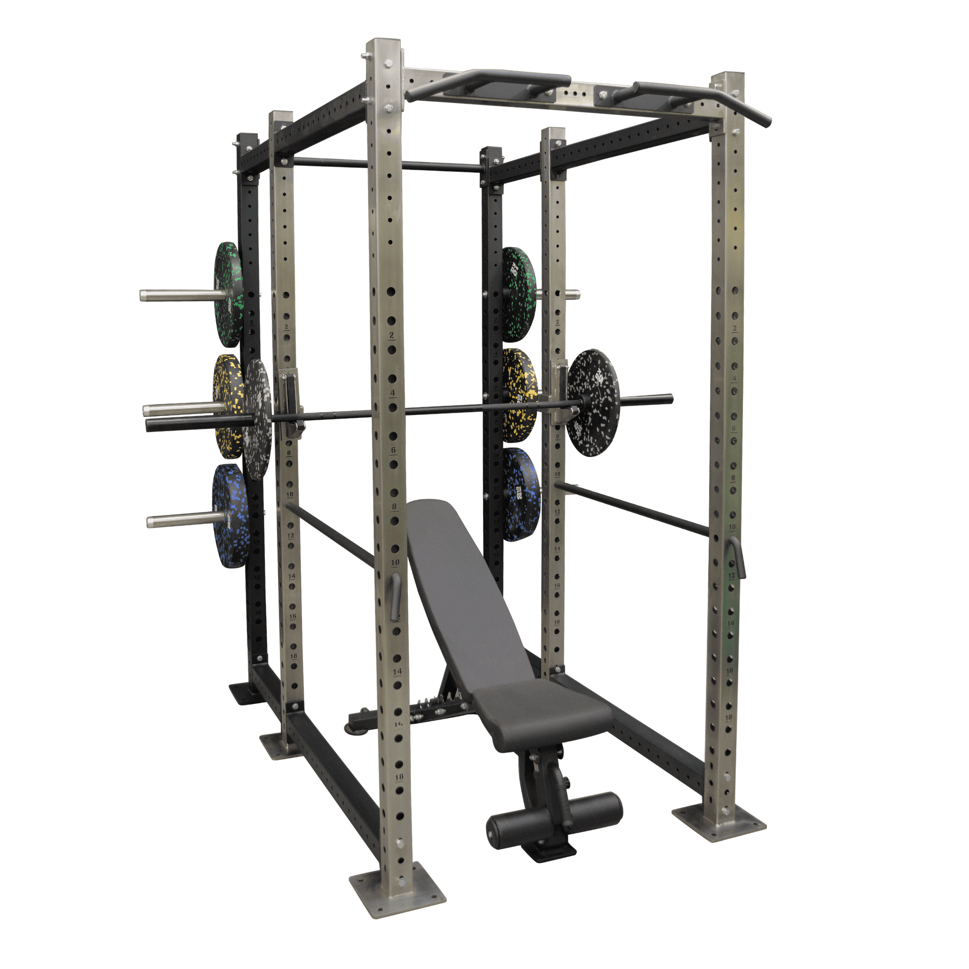 Product photo of stainless steel and black power rack with additional storage plus a bench and barell with bumper plates