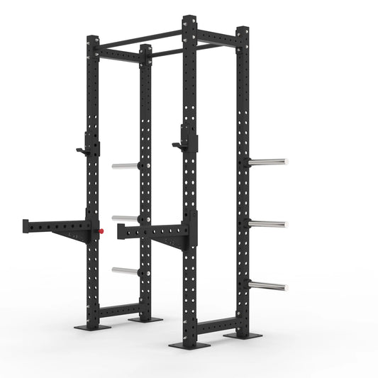 Image of half rack with straight pull up bar on a white background