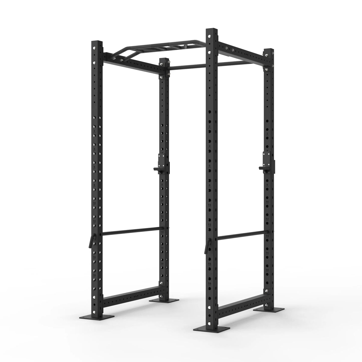 Image of Power rack with a monkey grip pull up bar on a white background