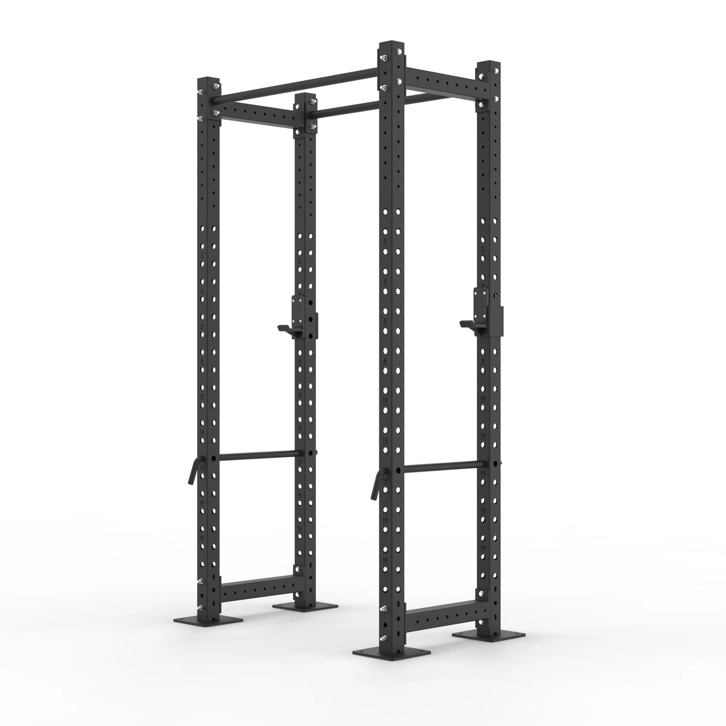 Image of compact power rack with straight pull up bar on a white background