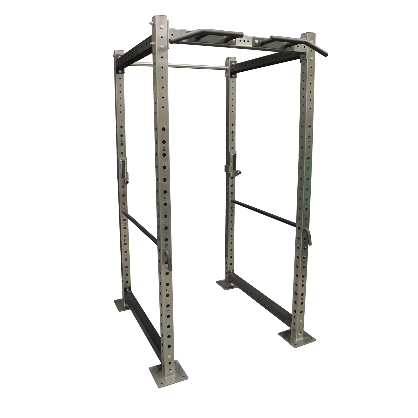 Product photo of a stainless steel and black power Rack on a white background