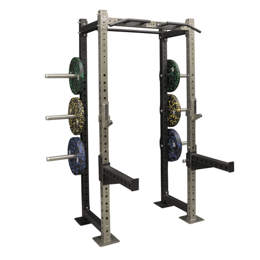 Product Photo of a Silver and black Half Rack for strength training on a white background