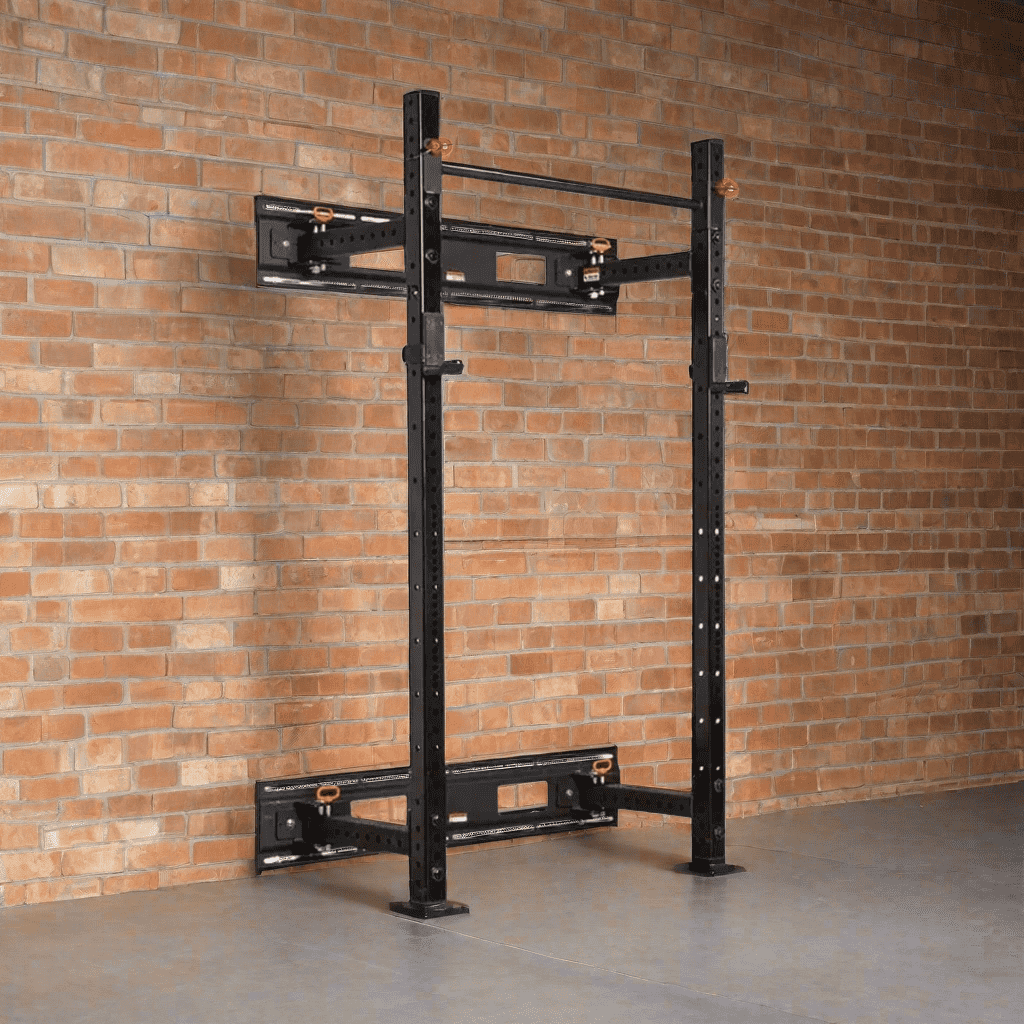 Image of folding squat rack Attached to a red brick wall on a concrete floor