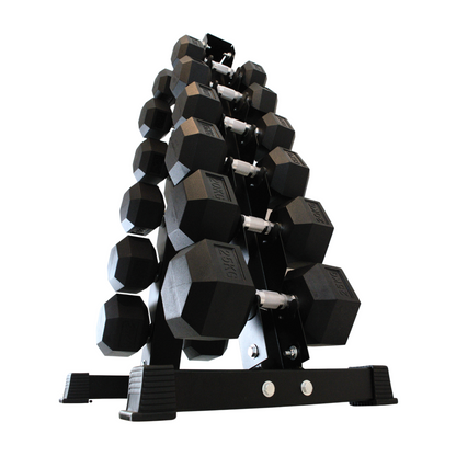 photo of dumbbell set on tree rack from below with white background