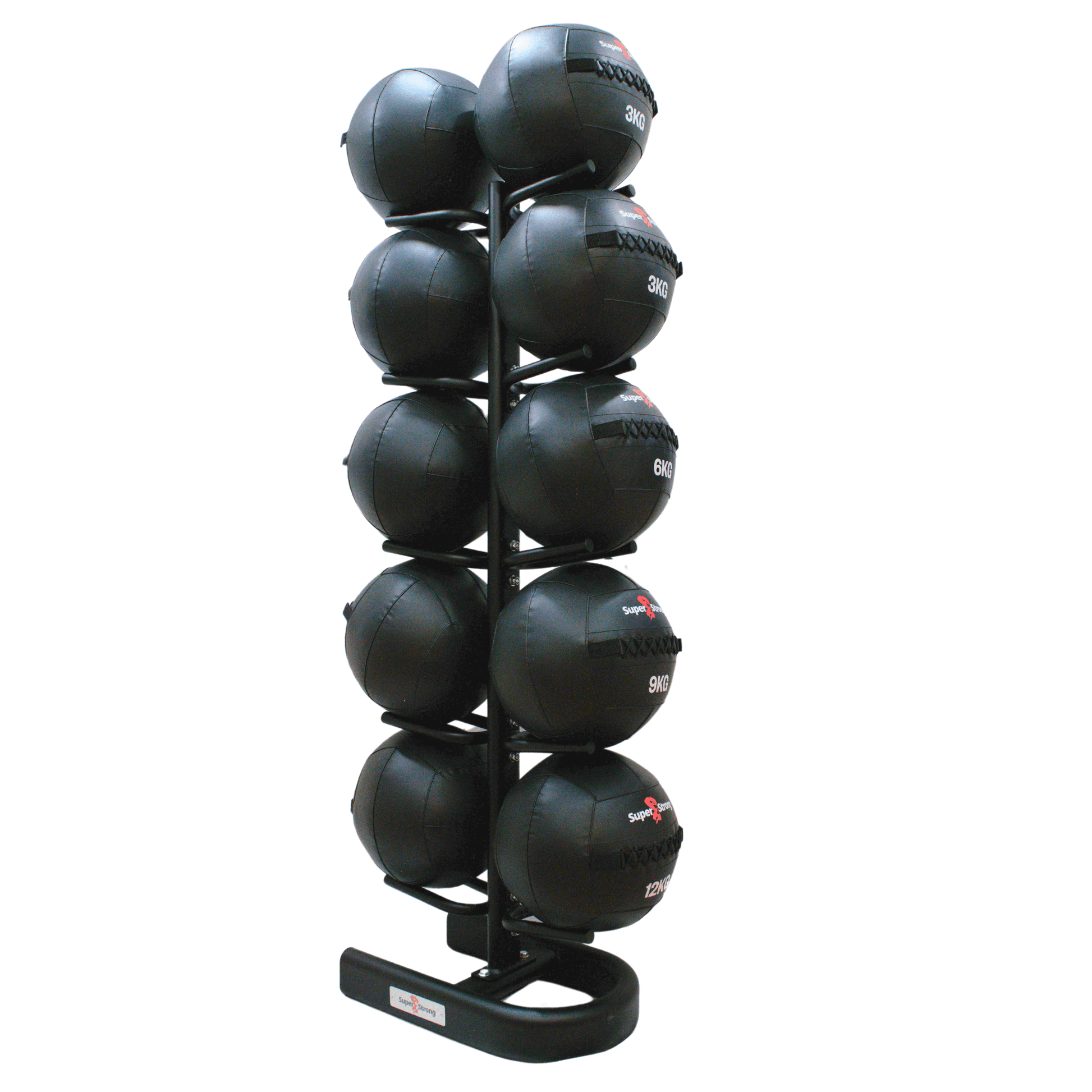 Product photo of a 10 ball medicine wall ball rack with 10 balls on it